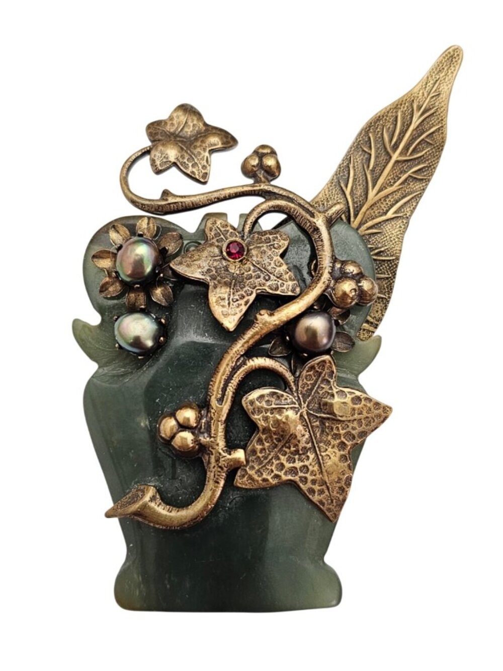 Jan Michaels Peacock Pearl Green Stone Carved Vase Brooch Flower Vines Pin J637
